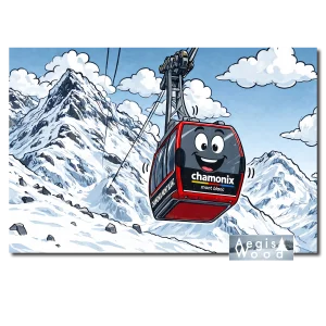 Affiche : Téléphérique souriant de Chamonix Mont-Blanc au-dessus des sommets enneigés, illustration