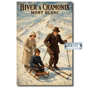 Affiche - Hiver à Chamonix Mont-Blanc, affiche de style rétro : famille en ski et luge dans la neige