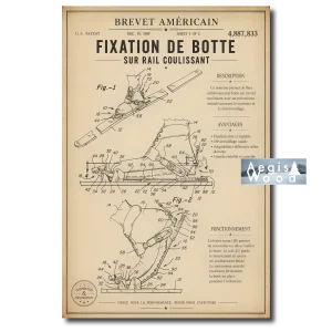 Affiche Fixation de botte sur rail coulissant, affiche style brevet américain, 1989