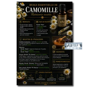 Affiche Huile essentielle de camomille (Matricaria recutita), affiche bienfaits, usages, recettes