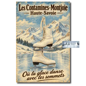 Affiche style vintage patins à glace Les Contamines-Montjoie Haute-Savoie montagne