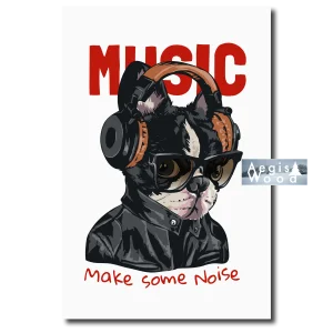 Affiche — chien au casque audio et lunettes, illustration « Music, Make Some Noise »Affiche déco con