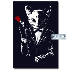 Affiche — chat gentleman en smoking tenant une rose rouge, noir et blanc graphique