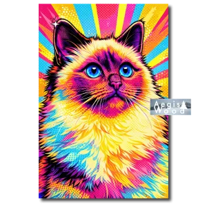 Affiche — chat aux yeux bleus en pop art, fond coloré à rayons et trames de points