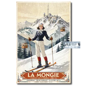 Affiche — skieuse rétro à La Mongie, station des Pyrénées, téléphérique et Pic du Midi