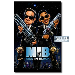 Affiche — caricature de deux agents en noir armés, façon comics 1997 Men in Black
