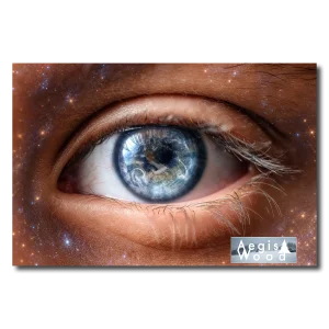 Affiche — œil humain reflétant la planète Terre, art surréaliste sur fond d'étoiles