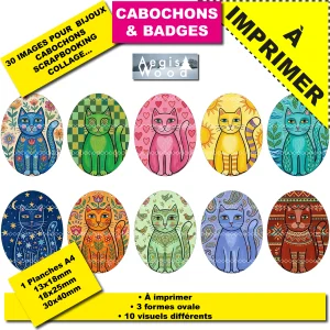 IMAGES POUR CABOCHONS & BADGES OVALES : Chats stylisés