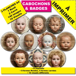 IMAGES POUR CABOCHONS & BADGES : Tête de poupées vintage ancien