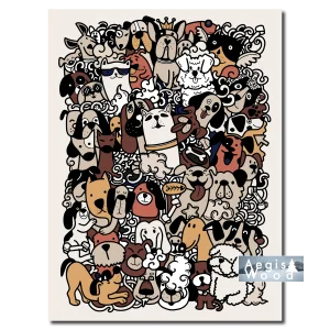 Affiche "Meute Doodle" Chiens et Chats en Foule Illustrée